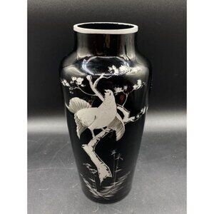 CZECH Art Deco HYALITE Black Glass Vase 10” Silver Painted Bird